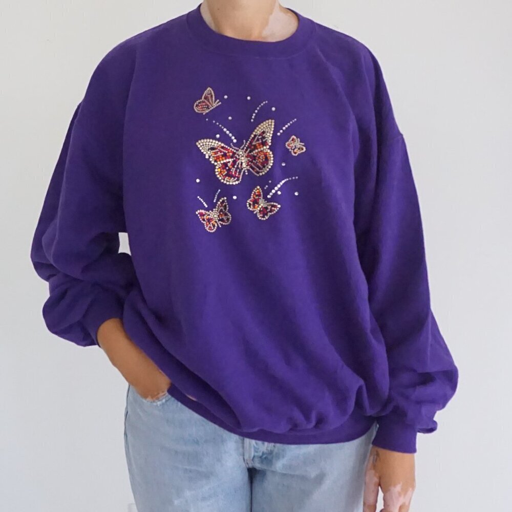 Vintage Jerzees Purple Rhinestone Butterfly Embellished Graphic Sweater L